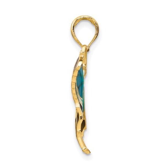 14k Yellow Gold Blue Aqua Enameled Butterfly Necklace Charm Pendant, 24mm x 31mm - Picture 3 of 3